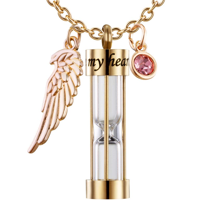 PREKIAR Cremation Urn Necklace for Ashes Time Hourglass Memory Jewelry Pendant Keepsake with Angel Wing and 12 Birthstones Forever In My Heart (Golden hourglass) - Image 1
